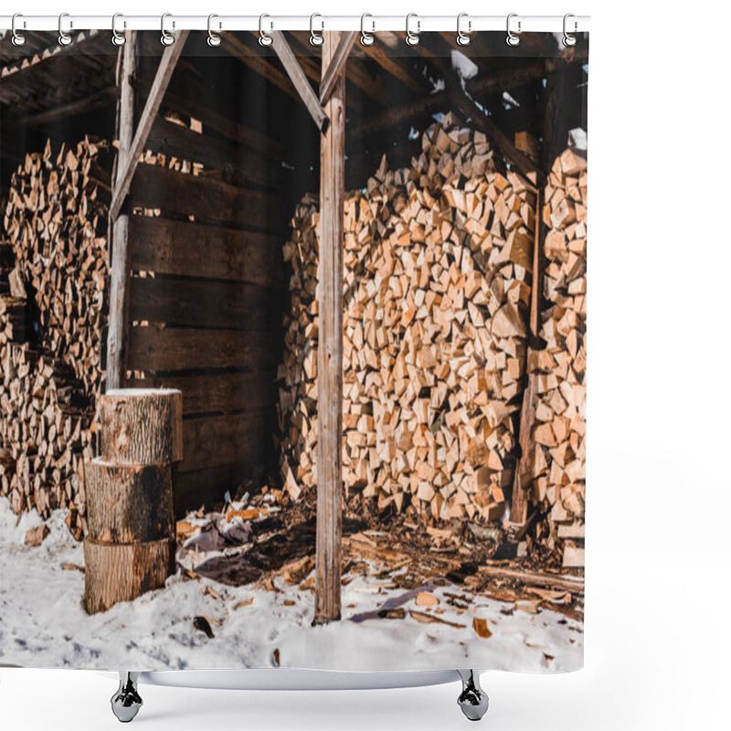 Personality  Pile Of Firewood In Wooden Building At Sunny Day In Winter Shower Curtains