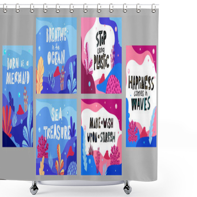 Personality  Set Of Ocean Quotes With Sea Elements. Lettering Poster Or Greeting Card. Travel Typography Design. Vector Illustration Shower Curtains