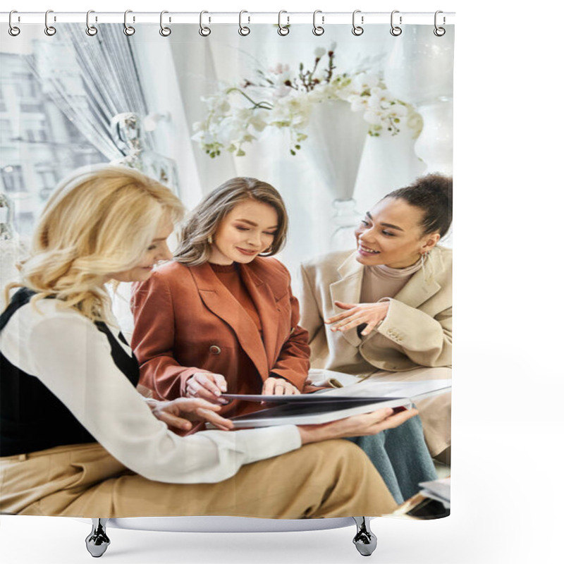 Personality  A Group Of Young Women, Including A Beautiful Bride, Sit Around A Table Deep In Conversation And Laughter While Planning For A Wedding. Shower Curtains