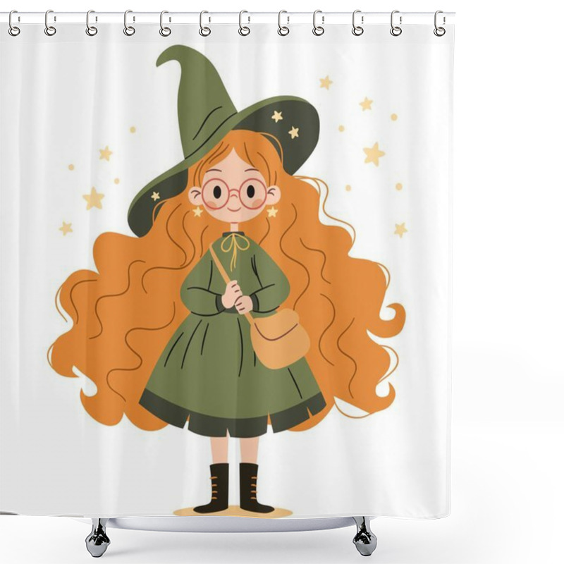 Personality  Cute Witch With Long Red Hair Standing And Smiling Sweetly. Flat Vector Illustration In Simple Childish Style On White Background . Vector Illustration Shower Curtains