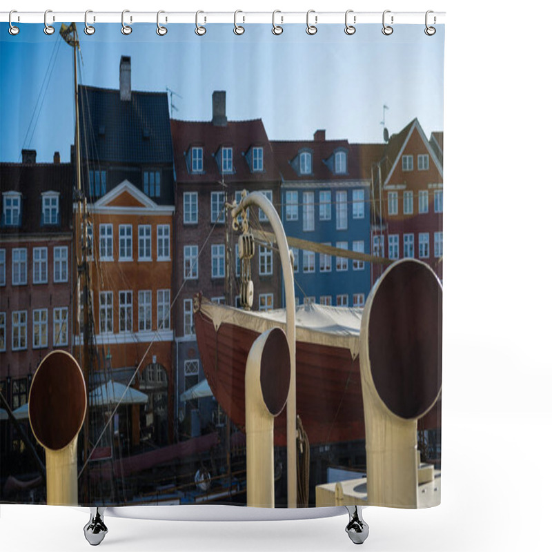 Personality  COPENHAGEN, DENMARK - 06 MAY, 2018: Tubes And Pipes On Boat At Nyhavn Pier In Copenhagen, Denmark Shower Curtains