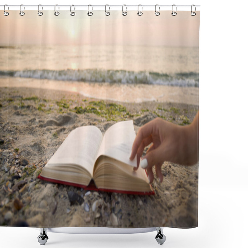 Personality  Woman Reading Book On Background Of Blue Sea And Sky Shower Curtains