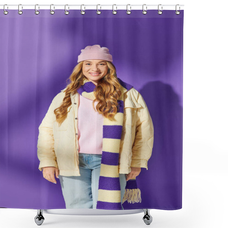 Personality  A Joyful Young Plus Size Woman Stands Warmly Dressed In A Stylish Winter Outfit While Smiling. Shower Curtains