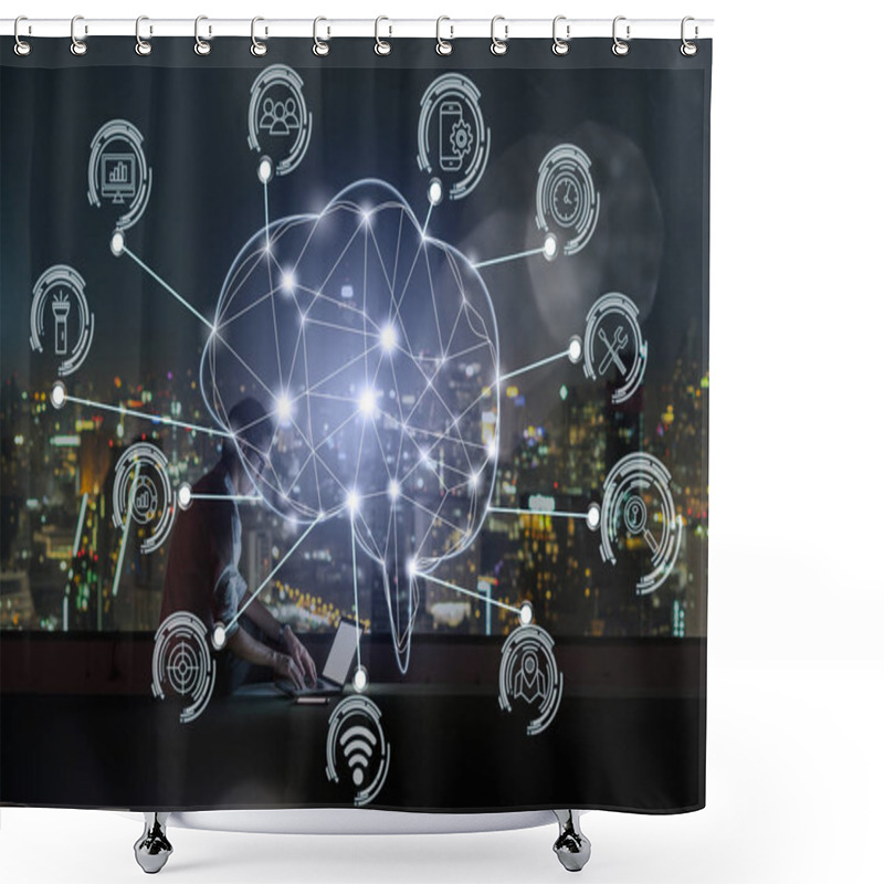 Personality  Polygonal Brain Shape Of An Artificial Intelligence With Various Icon Of Smart City Internet Of Things Technology Over Businessman Using Laptop With Cityscape Background, AI And Business IOT Concept Shower Curtains