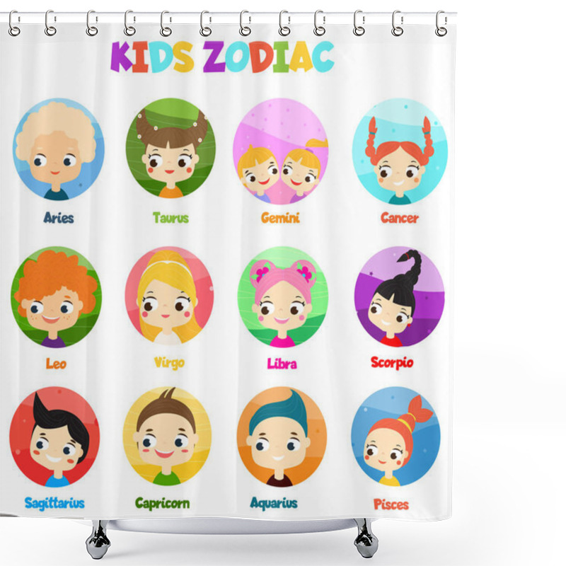 Personality  Kids Zodiac Signs. Horoscope With Children Avatars. Astrological Symbols In Cartoon Style Shower Curtains