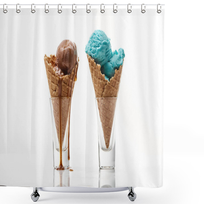 Personality  Delicious Sweet Chocolate And Blue Ice Cream In Crispy Waffle Cones Isolated On White Shower Curtains