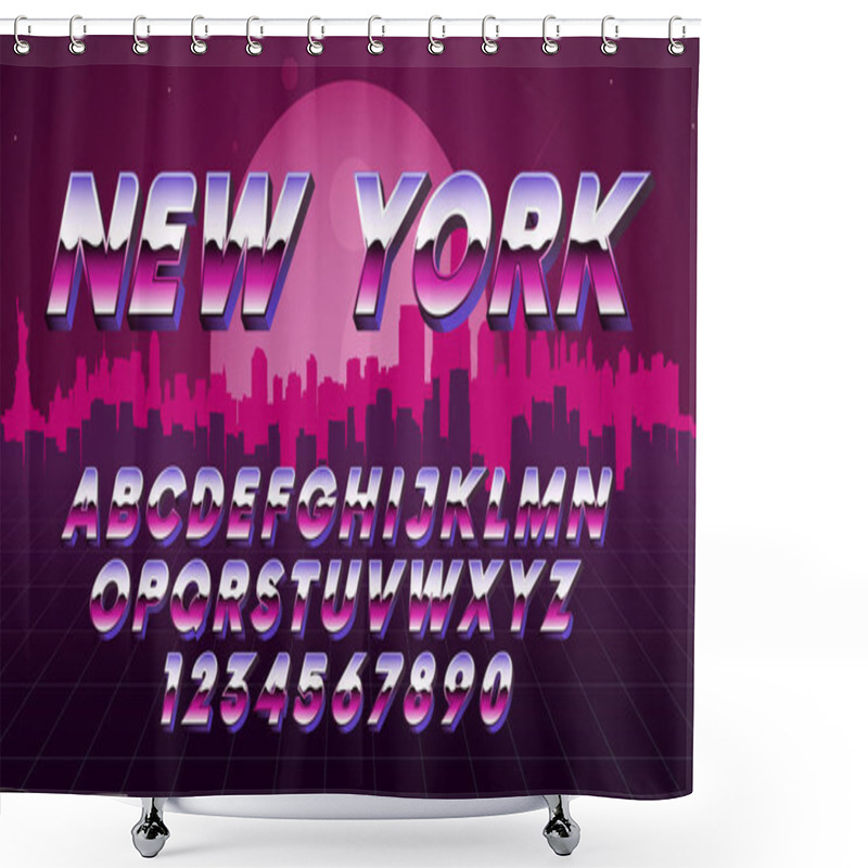 Personality  Retro Futuristic Latin Font, Letters And Numbers Metallic Gradie Shower Curtains