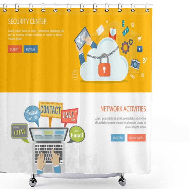 Personality  Flat Banners Set. Illustrations Of Security Center And Social Ac Shower Curtains