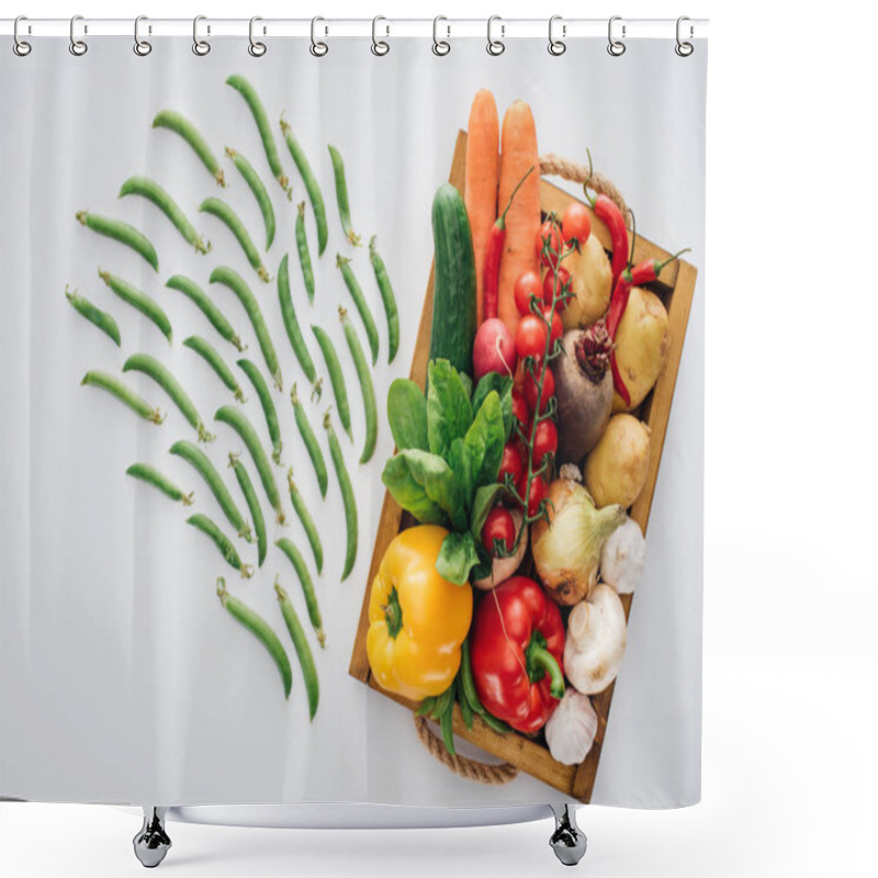 Personality  Top View Of Box With Fresh Ripe Vegetables And Green Peas Isolated On White   Shower Curtains