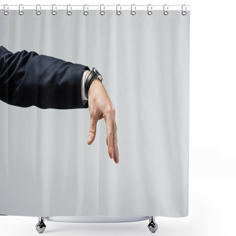 Personality  Cropped View Of Businessman Manipulating With Hand Isolated On Grey Shower Curtains