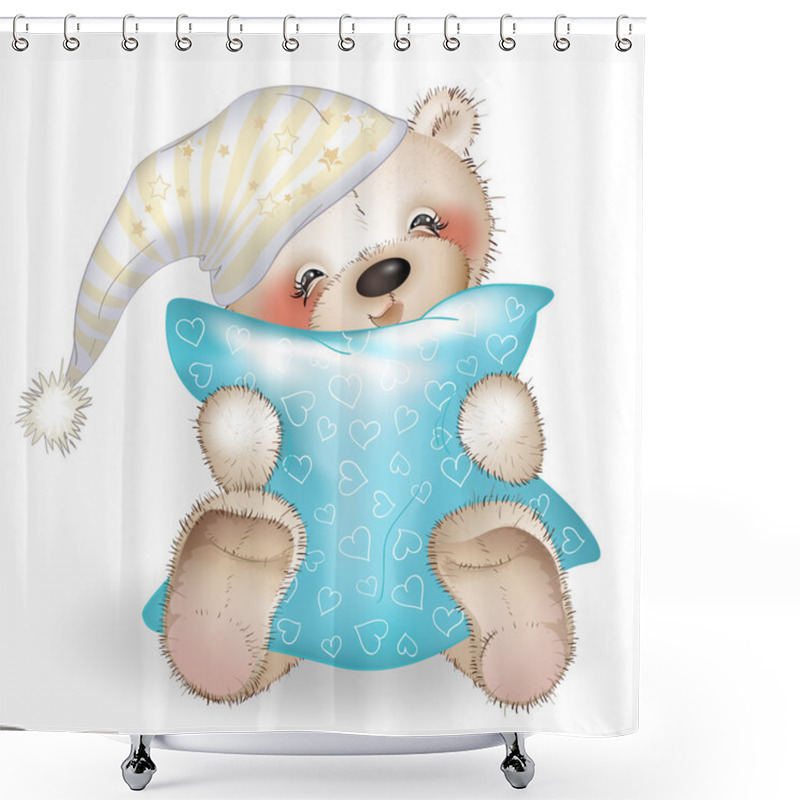 Personality  Happy Teddy Bear Hugging A Pillow 6 Shower Curtains