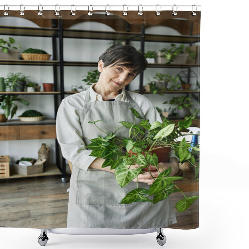 Personality  A Woman Lovingly Cares For Her Plants In A Tranquil Garden Setting. Shower Curtains