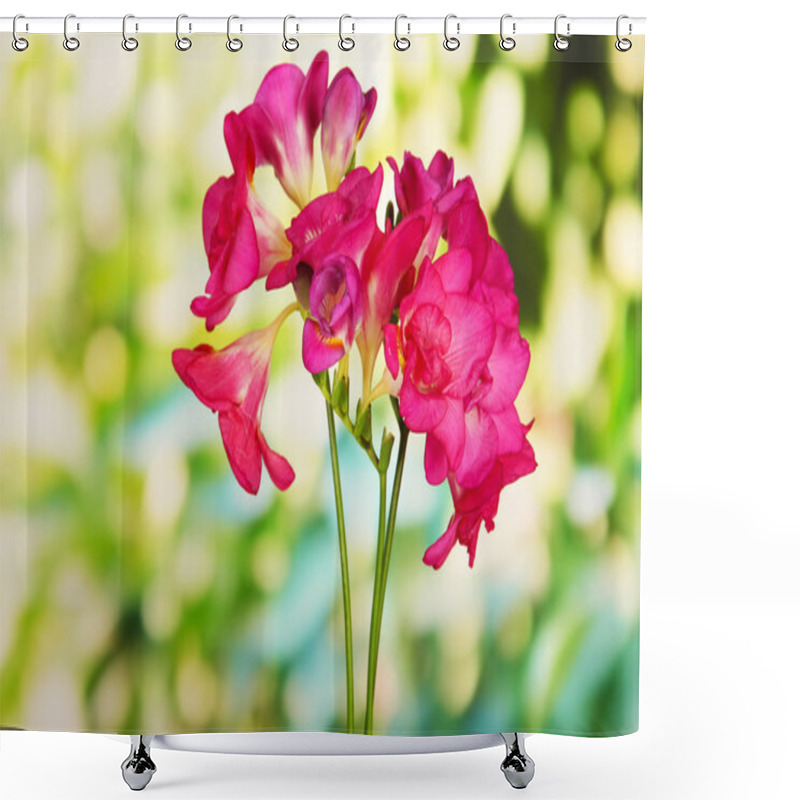 Personality  Beautiful Freesias, On Green Background Shower Curtains