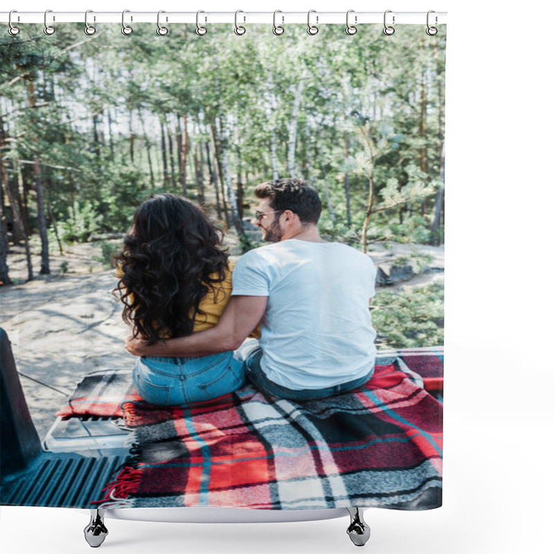 Personality  Back View Of Man And Woman Hugging While Sitting In Woods  Shower Curtains