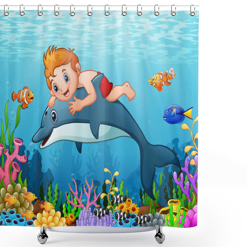 Personality  Cartoon Boy With Dolphin Swimming Shower Curtains