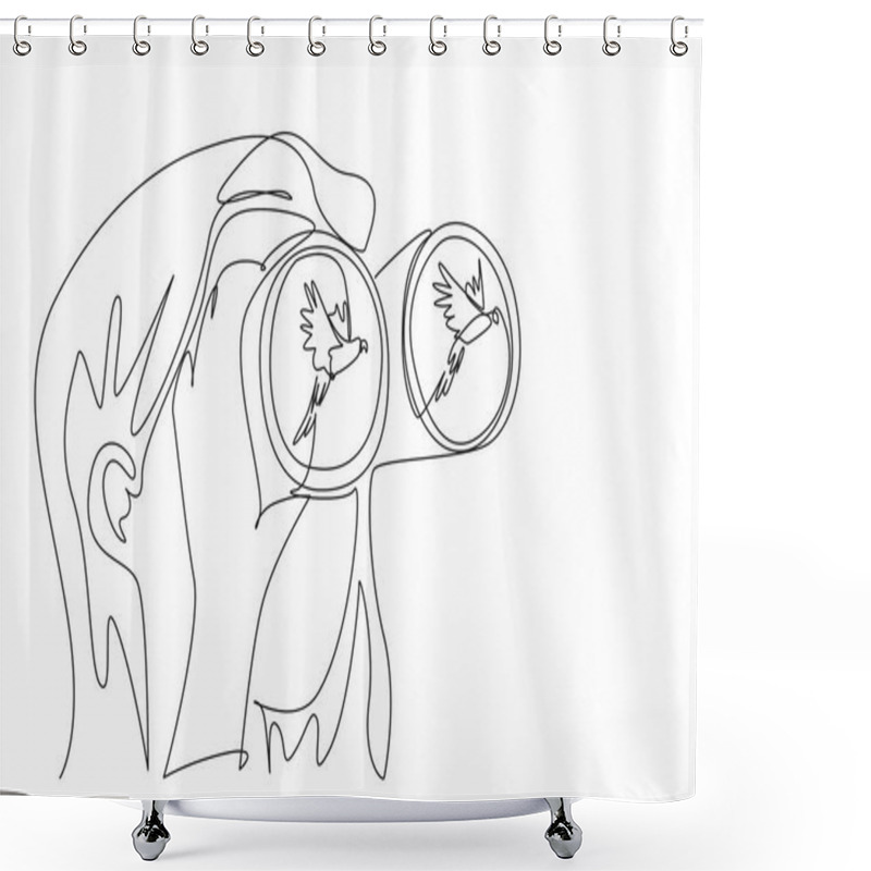 Personality  Single One Line Drawing A Woman Holds A Binocular With One Of Her Hands And Watches A Parrot Fly. Observing The Way Of Flying. National Go Birding Day. Continuous Line Design Graphic Illustration Shower Curtains