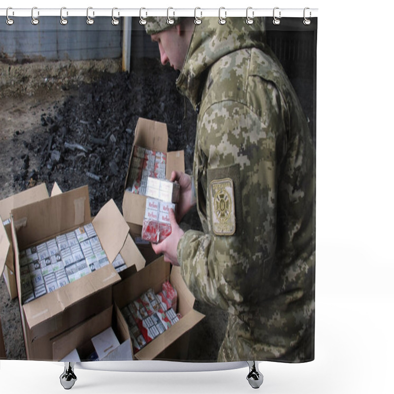 Personality  The Border Guard In Camouflage Uniforms Puts Smuggled Cigarettes Shower Curtains