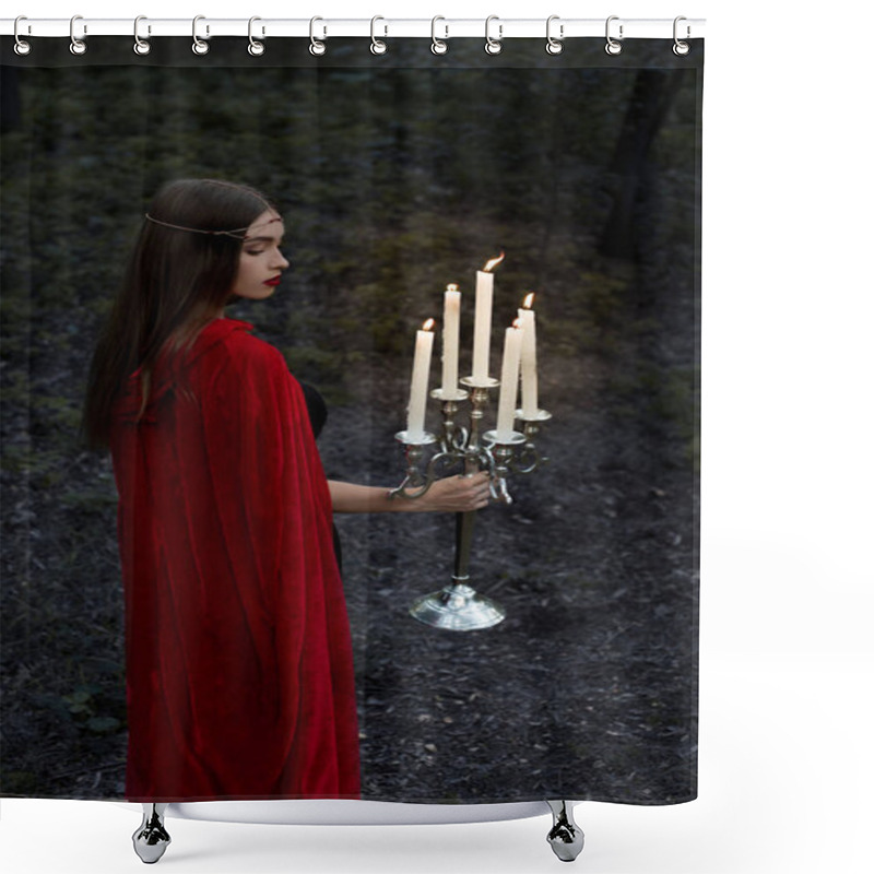 Personality  Elegant Girl In Red Cloak Holding Candelabrum With Candles And Walking In Forest Shower Curtains