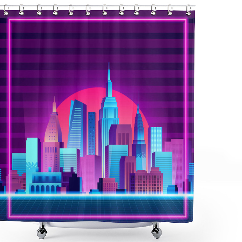 Personality  Big City Urban Silhouette Skyscraper Building Sunset Neon Blue Pink Purple Color Retro 80s Vintage Style With Gradient Background Shower Curtains