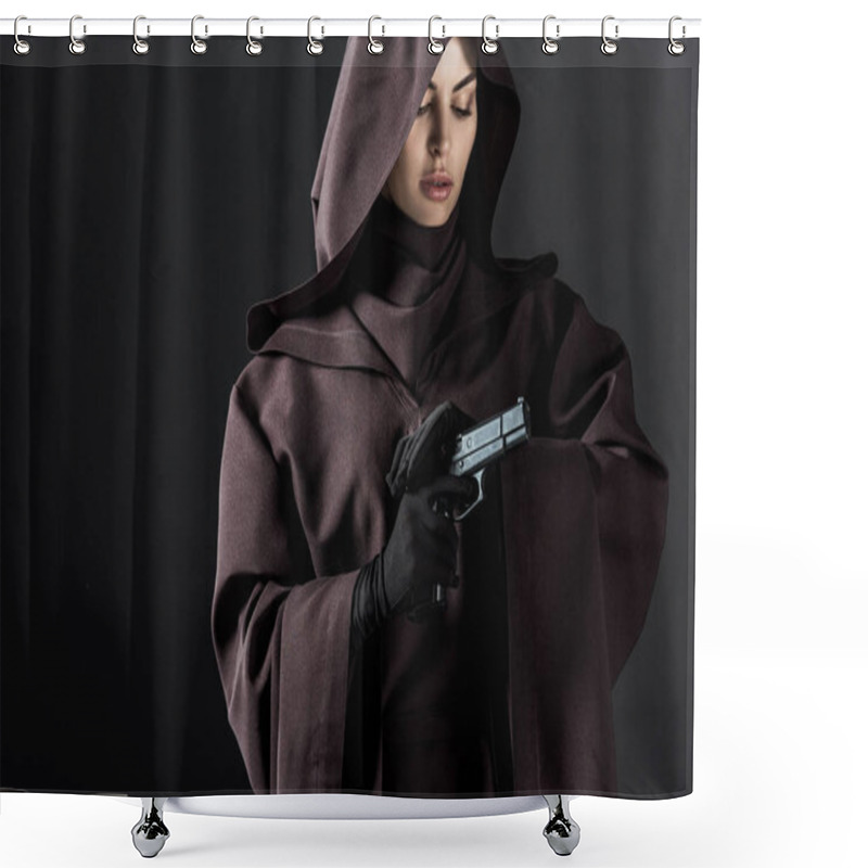 Personality  Woman In Death Costume Holding Gun Isolated On Black Shower Curtains