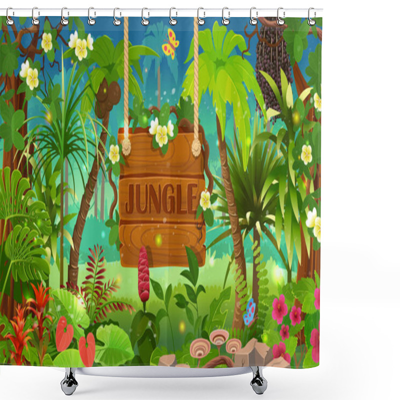 Personality  Cartoon Tropical Forest With Wooden Board. Jungle Forest View. Jungle With Green Tropical Trees, Plants, Shrubs And Flowers. Wildlife Panoramic With Landscape. Vector Cartoon Illustration. Game Design Shower Curtains