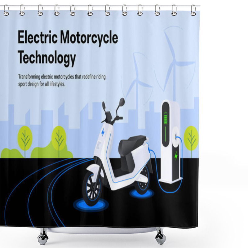 Personality  Electric Motorcycle Technology With Charging Station Illustration Shower Curtains