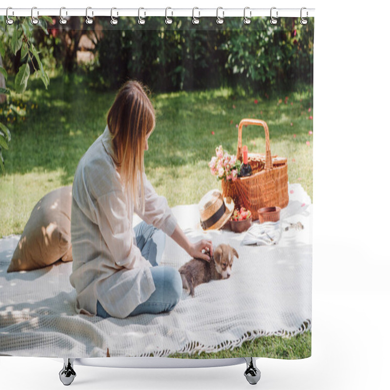 Personality  Blonde Girl Sitting On White Blanket In Garden And Having Picnic At Sunny Day With Cute Puppy Shower Curtains