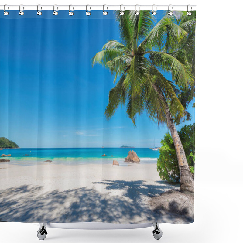 Personality  White Sand Beach With Turquoise Water, Granite Rocks And Palm Trees. Anse Lazio Beach At Praslin Island, Seychelles.  Summer Vacation And Travel Concept.   Shower Curtains