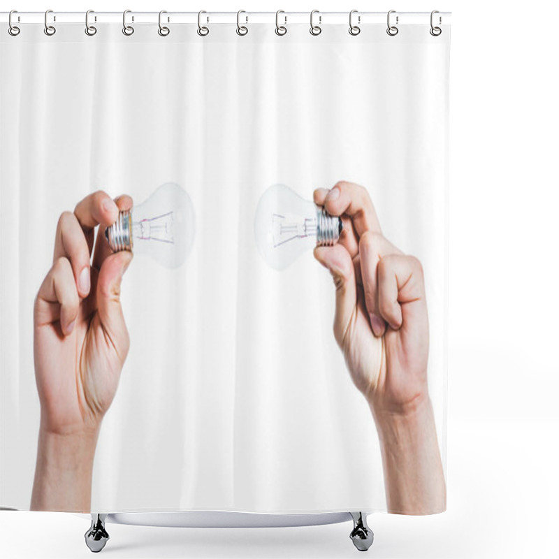 Personality  Cropped View Of Light Bulbs In Hands Of Man Isolated On White, Energy Efficiency Concept Shower Curtains