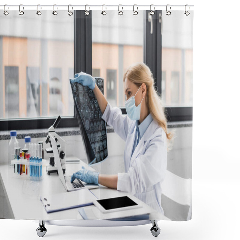 Personality  Scientist In Medical Mask Holding X-ray Near Devices On Desk Shower Curtains