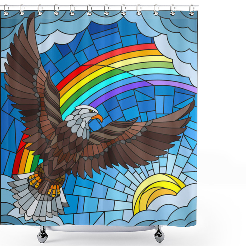 Personality  Illustration In Stained Glass Style With A Eagle On The Background Of Sky, Sun , Clouds And Rainbow Shower Curtains