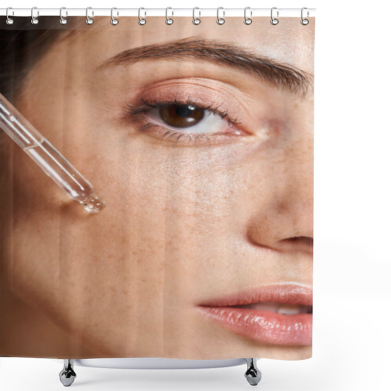 Personality  A Close-up Of A Young Caucasian Woman With Clean Skin Applying Serum With Cosmetic Pipette Shower Curtains