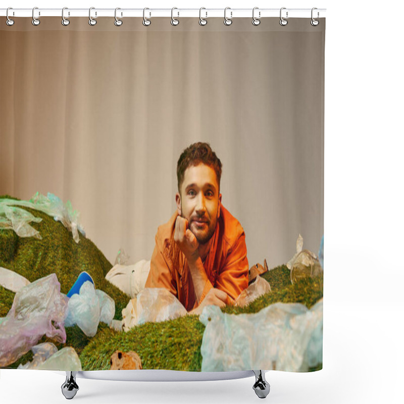 Personality  A Man Reclines On Artificial Grass, Surrounded By Plastic Bags And Debris. Shower Curtains