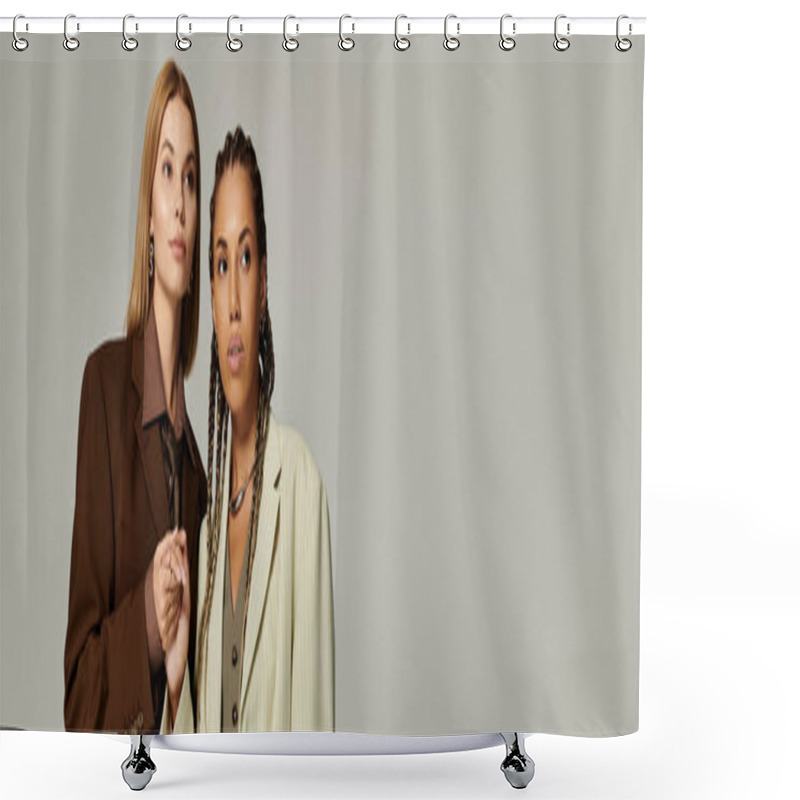 Personality  A Lovely Lesbian Couple Embraces The Season In Fashionable Autumn Outfits, Radiating Joy. Shower Curtains