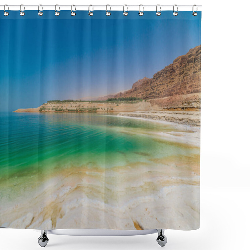 Personality  Captivating View Panorama Of The Tranquil Dead Sea Against A Clear Sky, Showcasing Jordans Unique Natural Beauty And Mineralrich Landscapes In Jordan Shower Curtains