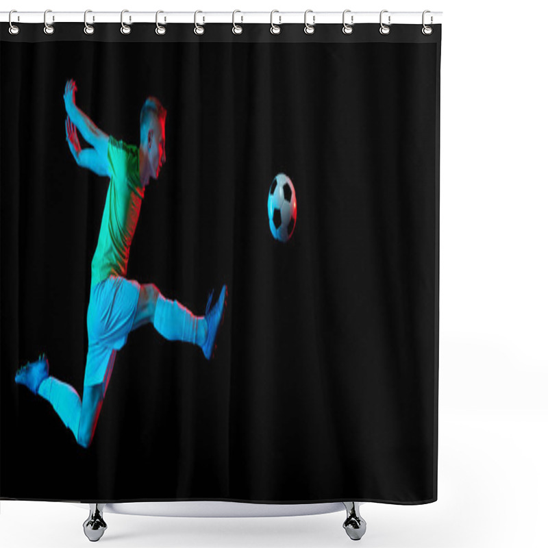 Personality  Jumping, Kick Football Ball. Dynamic Shot Of Young Active Football Player In Action Isolated On Dark Background In Neon Light. Concept Of Sport, Goals, Competition, Hobby, Ad. Shower Curtains