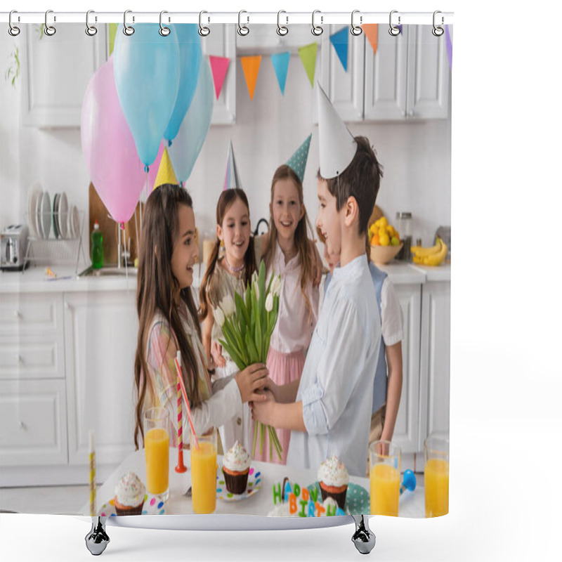 Personality  Happy Preteen Boy Giving Flowers To Cheerful Birthday Girl Near Friends During Party  Shower Curtains