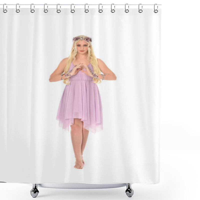 Personality  Full Length Portrait Of Blonde Girl Wearing Purple Fairy Costume. Standing Pose, Isolated On White Studio Background. Shower Curtains