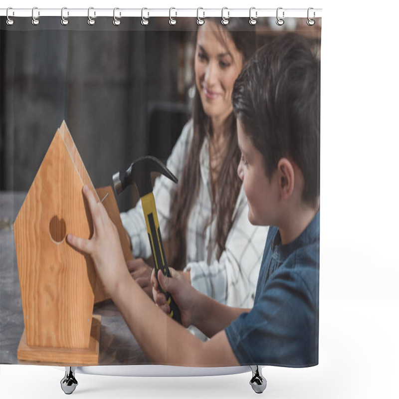 Personality  Mother And Son Building Birdhouse Shower Curtains