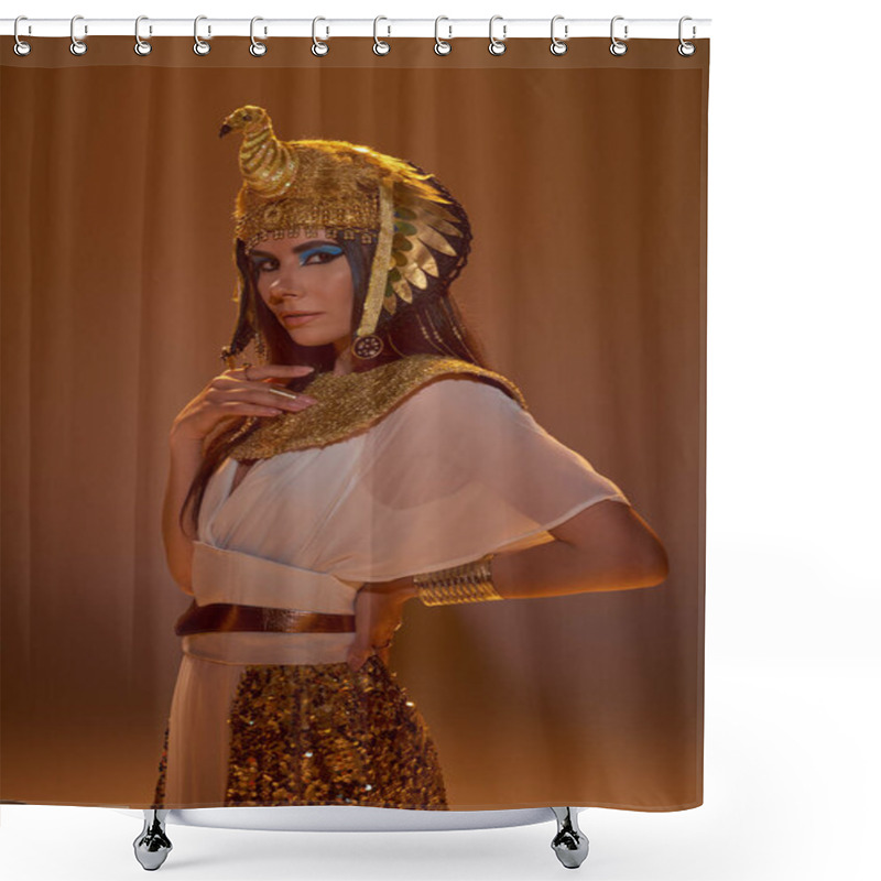 Personality  Elegant Woman In Egyptian Look And Headdress Looking At Camera On Brown Background Shower Curtains