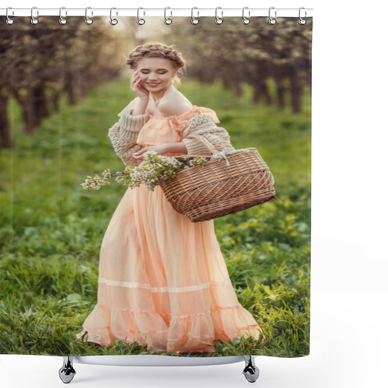 Personality  Beautiful Young Girl In An Old Dress In A Pear-blossoming Garden. Shower Curtains