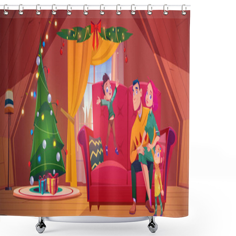 Personality  Happy Family Celebrate Christmas In Chalet House. Vector Cartoon Illustration Of Attic Interior With Xmas Tree, Gifts, Couple Sitting On Couch And Cute Kids Shower Curtains