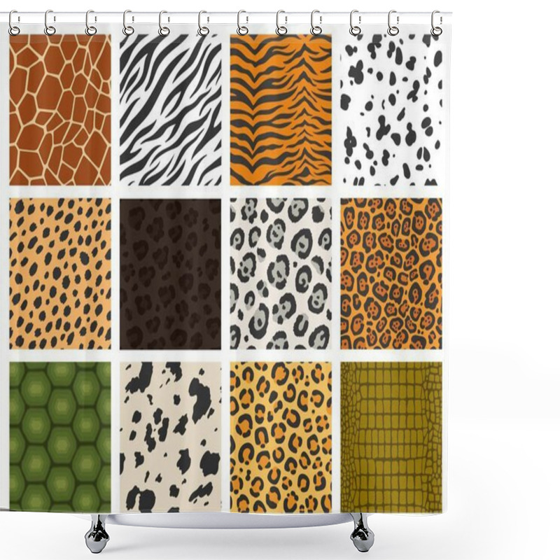 Personality  Animal Print. Reptile And Mammal Texture Collection, Tiger Leopard Zebra Skin Camouflage Printing, Animal Fur Pattern. Vector Seamless Fashion Set Of Background Seamless Texture Reptile Illustration Shower Curtains