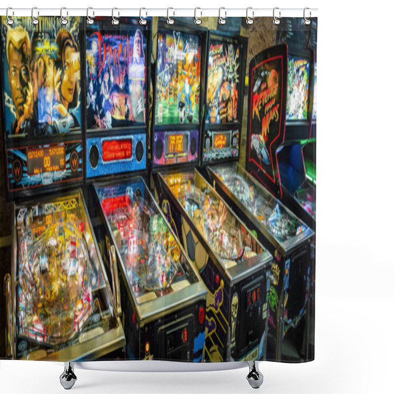 Personality  Budapest, Hungary - March 25, 2018: Pinball Museum. Pinball Table Close Up View Of Vintage Machine Shower Curtains