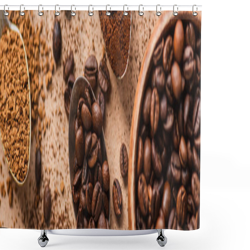 Personality  Top View Of Ground, Instant Coffee And Beans In Spoons Near Wooden Bowl On Beige Surface, Panoramic Shot Shower Curtains