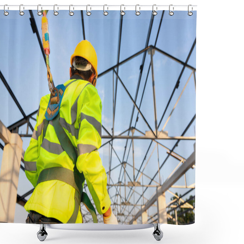 Personality  Safety Height Equipment In The Construction Site; Asian Worker Wear Safety Height Equipment To Install The Roof. Fall Arrestor Device For Worker With Hooks For Safety Body Harness. Shower Curtains