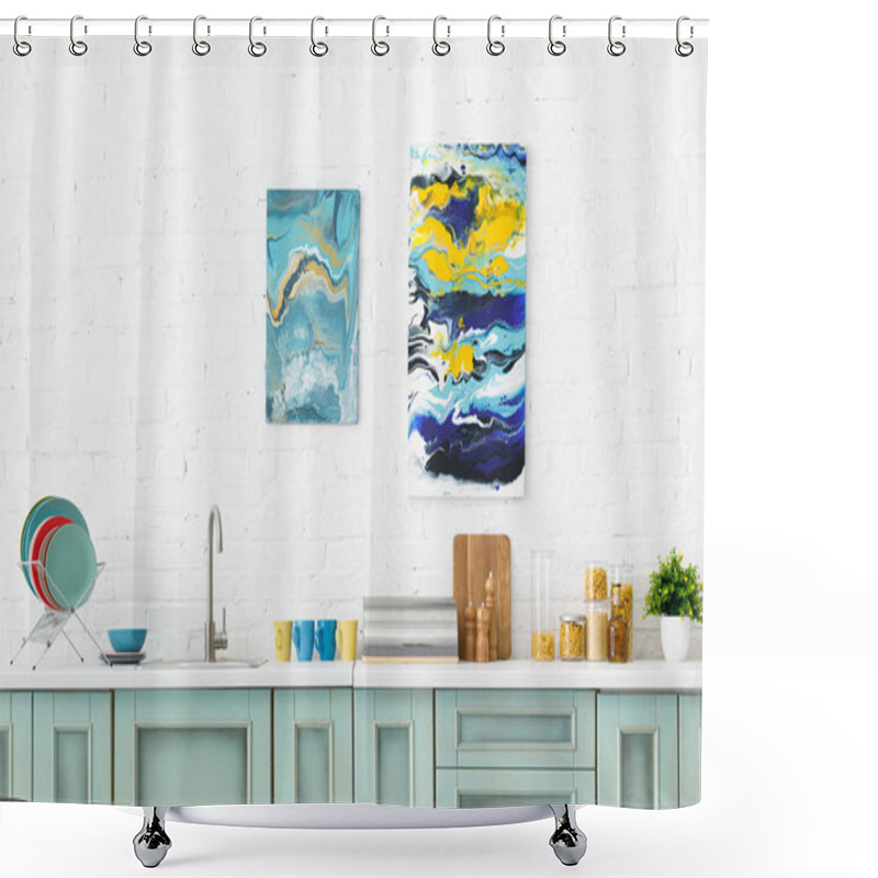 Personality  Modern White And Turquoise Kitchen Interior With Kitchenware And Abstract Paintings On Brick Wall Shower Curtains