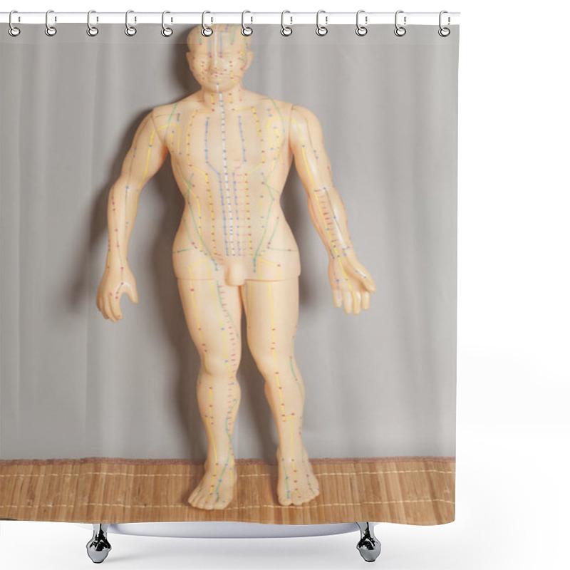 Personality  Medical Acupuncture Model Of Human On Gray Background Shower Curtains