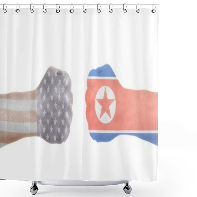 Personality  USA And North Korea Flags Painted On Two Clenched Fists Isolated White Background Shower Curtains