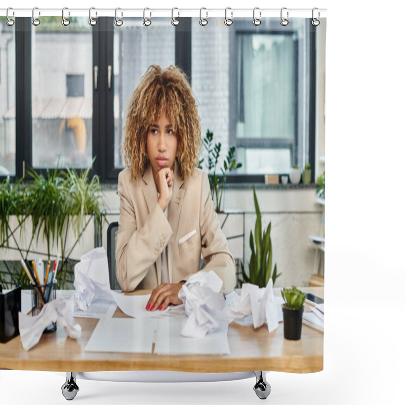 Personality  Pensive Curly African American Businesswoman At Her Desk With Crumpled Papers, Stress At Work Shower Curtains